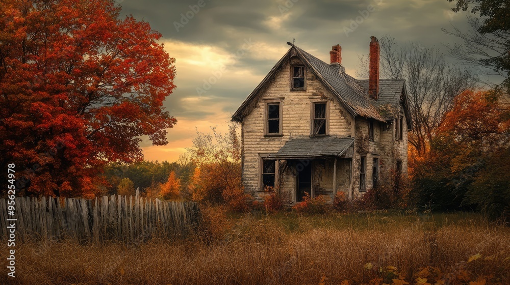 Fototapeta premium Old Farmhouse in Autumn Horror Halloween Setting. AI generated illustration