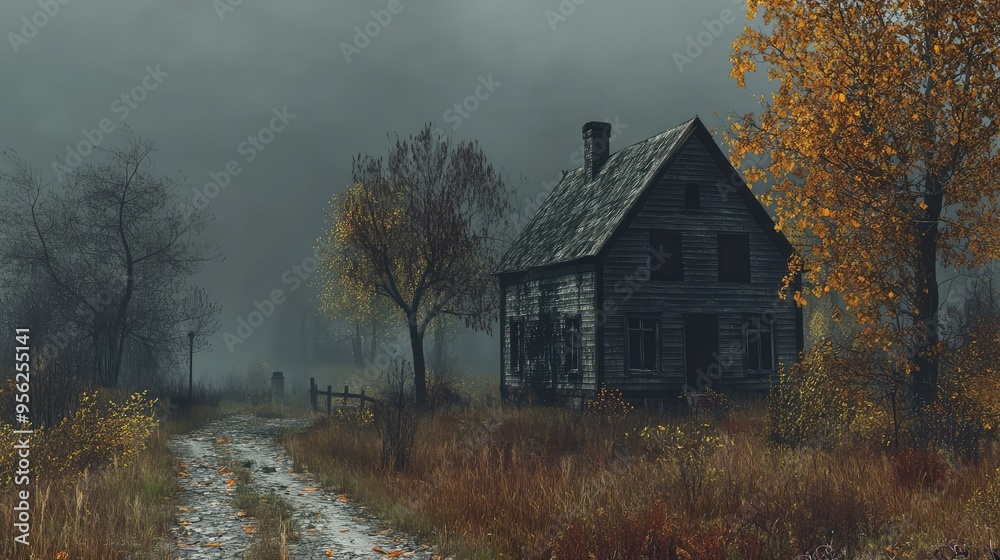 Old Farmhouse in Autumn Horror Halloween Setting. AI generated illustration Old Farmhouse in Autumn Horror Halloween Setting. AI generated illustration