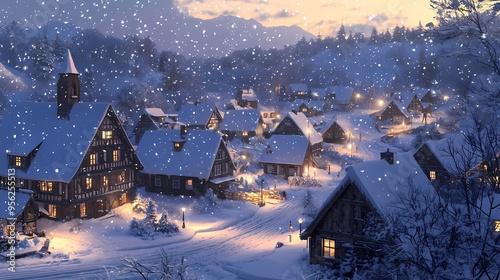 Charming snowy village at dusk with warm lights and falling snowflakes.