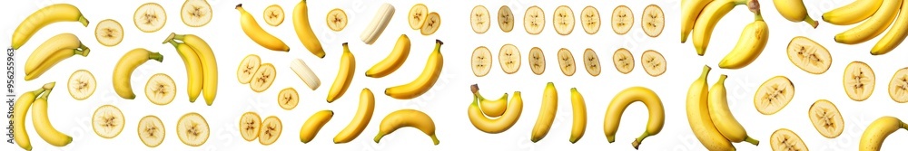 An isolated banana set, with peeled fruit, on a white background, with full depth of field An isolated banana set, with peeled fruit, on a white background, with full depth of field