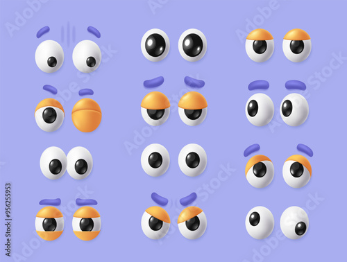Set of 3D eyes. Cartoon eyeballs emoji with eyebrows and eyelids expressing different emotions. Funny eyesight pair. Design for social networks. Realistic vector illustration isolated on background