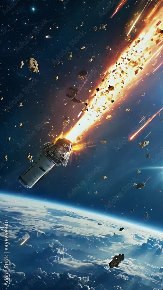 A spacecraft re-entering Earth's atmosphere, surrounded by debris and flames. A spacecraft re-entering Earth's atmosphere, surrounded by debris and flames.