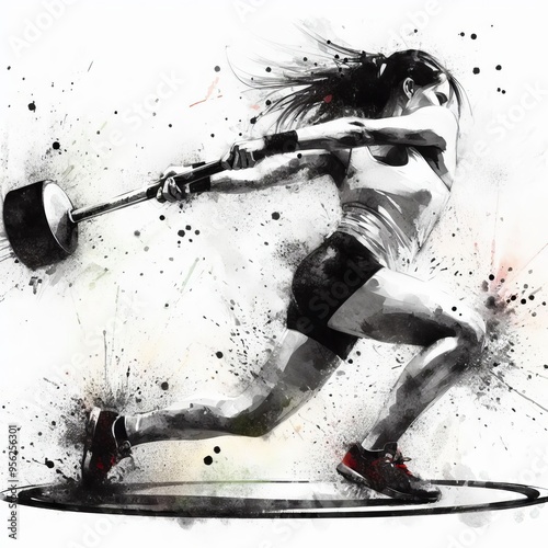 80 Watercolor portrait of a female hammer thrower in the windup photo