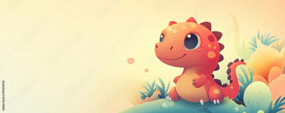 Obraz premium Cute color Baby Dinosaur Illustration with Space for Text
