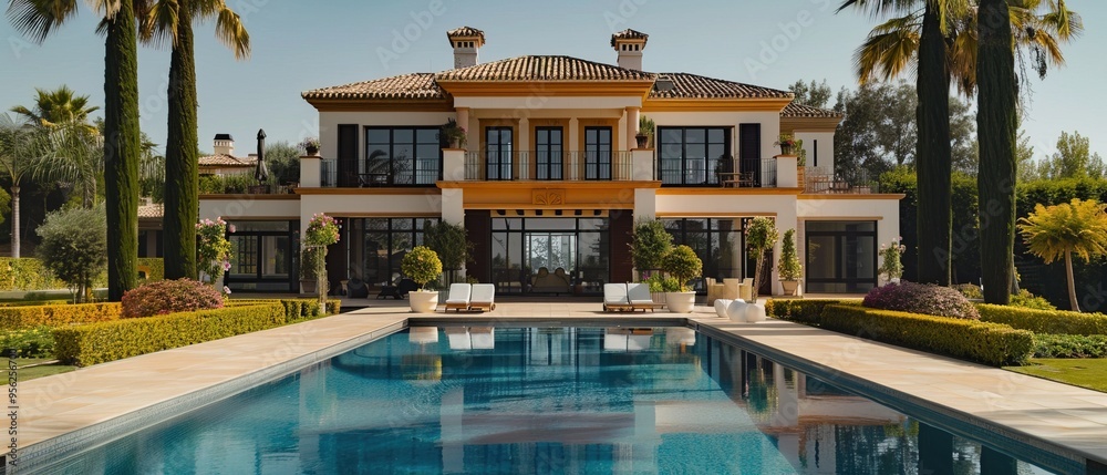 Fototapeta premium Large luxury villa with a blank banner in the foreground