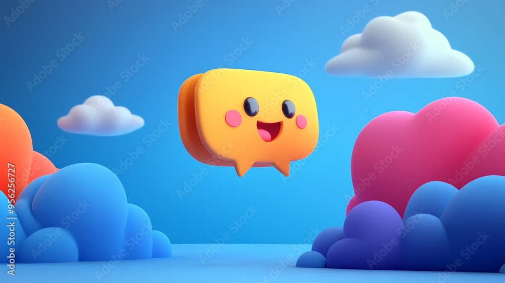 A cheerful, cartoon-style speech bubble character floating amidst colorful clouds in a vibrant blue sky, perfect for playful designs. A cheerful, cartoon-style speech bubble character floating amidst colorful clouds in a vibrant blue sky, perfect for playful designs.