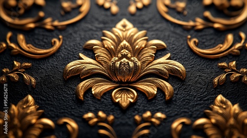 Golden Renaissance: A meticulously crafted gold floral arabesque takes center stage on a richly textured black background, exuding timeless elegance and sophistication. 