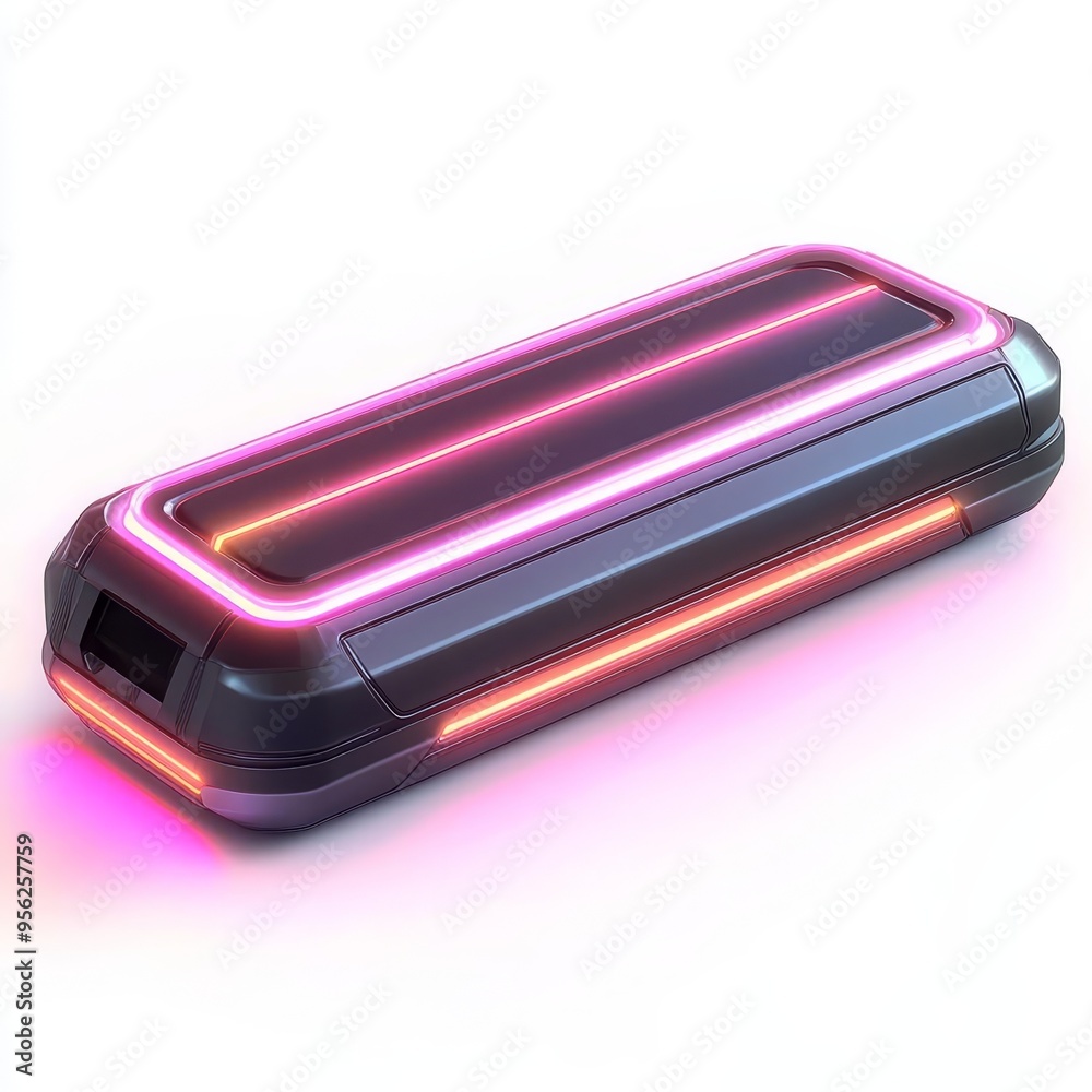 Futuristic black device with glowing pink and purple lights. Futuristic black device with glowing pink and purple lights.
