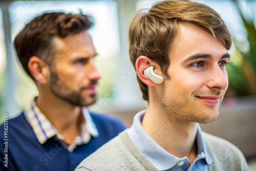 Young Man With Wireless Earbuds Listening To Music.  Close Up Portrait With Blurred Background.  Technology, Audio, Communication. photo