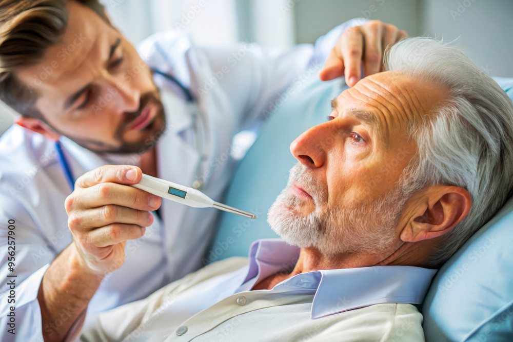 Fototapeta premium Doctor Taking The Temperature Of A Sick Patient. Medical Checkup, Healthcare.