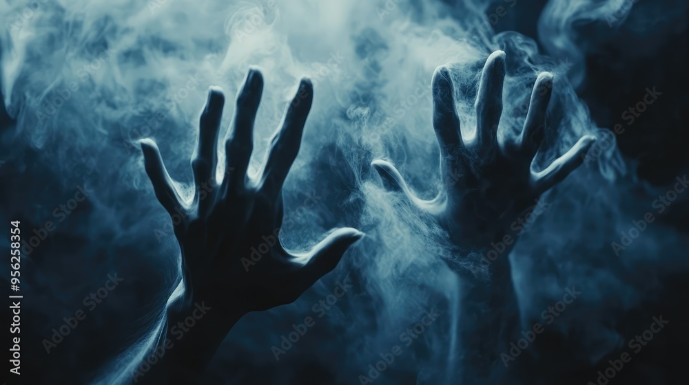 Ghostly Hands Reaching Out from the Ground, Trying to Escape the Spirit World. Halloween Concept. AI generated illustration Ghostly Hands Reaching Out from the Ground, Trying to Escape the Spirit World. Halloween Concept. AI generated illustration