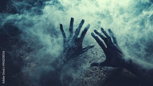 Ghostly Hands Reaching Out from the Ground, Trying to Escape the Spirit World. Halloween Concept. AI generated illustration