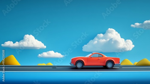 A vibrant orange car driving down a scenic road under a bright blue sky with fluffy clouds and colorful hills in the background. photo