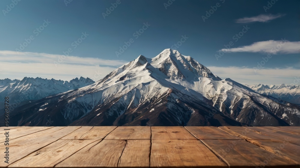 Snowy mountain peak view wooden table Snowy mountain peak view wooden table