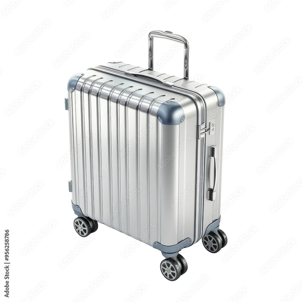 Shiny silver suitcase with wheels. Ideal for travel, adventure, and stylish luggage design for travelers. Shiny silver suitcase with wheels. Ideal for travel, adventure, and stylish luggage design for travelers.