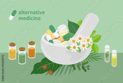 Nature herbal plant with bowl and mortar, herbal and floral products or medical cosmetics for therapy. Alternative medicine, treatment, healthcare concept.
