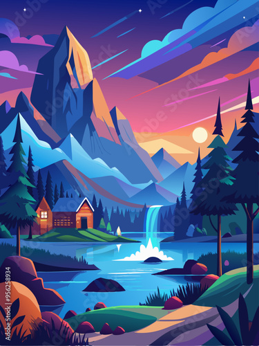 A Majestic Mountain Landscape with a Cabin, Waterfall, and Lake at Sunset