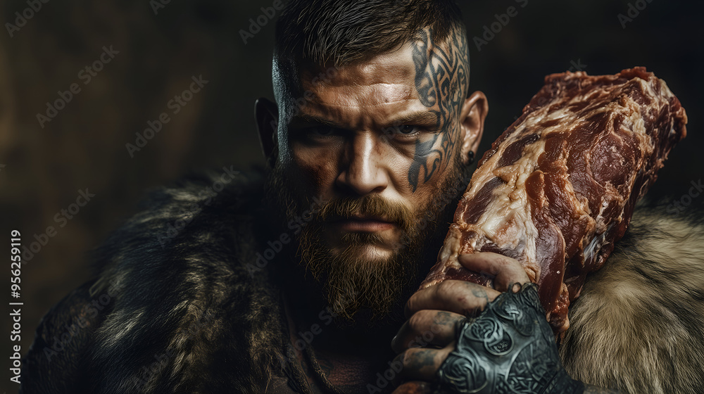 A striking and intense portrait of a burly man with a fierce expression, heavily tattooed, and dressed in a primal, fur-covered outfit. He is holding a large piece of raw meat over his shoulder A striking and intense portrait of a burly man with a fierce expression, heavily tattooed, and dressed in a primal, fur-covered outfit. He is holding a large piece of raw meat over his shoulder
