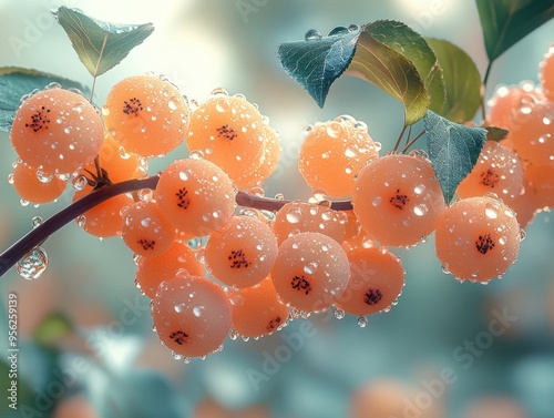 Enchanting 3D Render of Juicy Myrica with Water Droplets on Branch in Mint Background photo