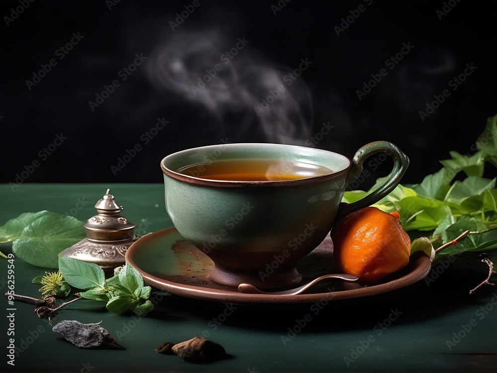 Aromatic tea in cup, Green green, leaves Aromatic tea in cup, Green green, leaves