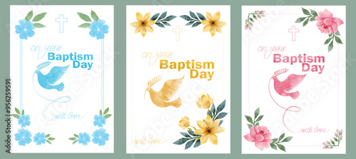 Baptism day greetings card set. Posters with peaceful dove and blooming flowers to celebrate traditional religious festival. Christian holiday. Watercolor vector illustration isolated on background