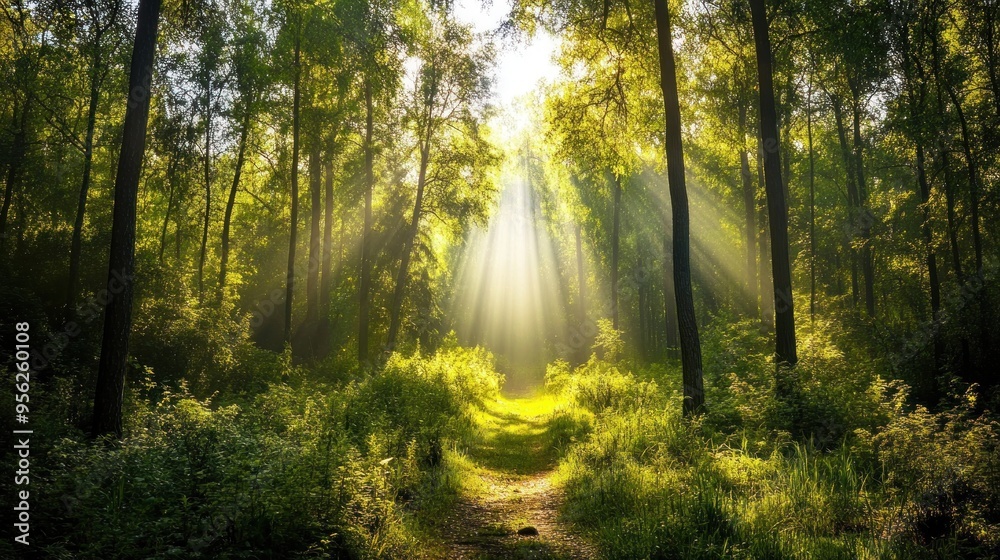 Obraz premium Sunbeams Through the Forest