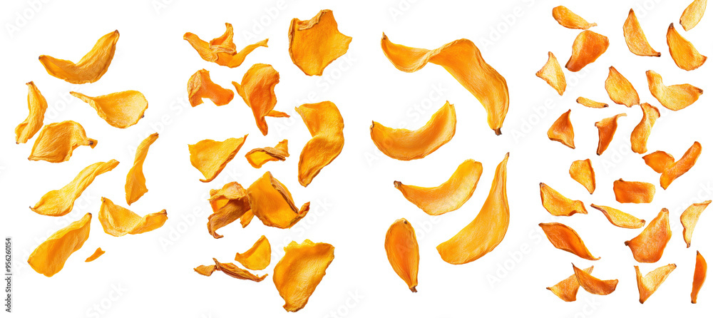 Isolated on a white background, full depth of field, falling dried mangoes