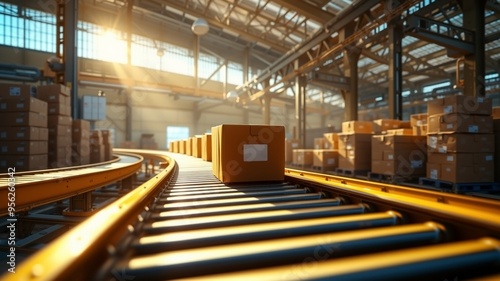 Cardboard Box on Conveyor Belt in Busy Warehouse, A cardboard box travels along a conveyor belt amidst towering stacks of boxes in a bright warehouse. Sunlight streams through windows.