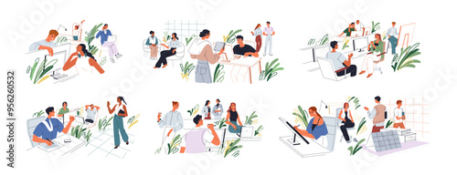 Office work life. Happy young colleagues communication in modern workplace. Employees, daily routine in corporate professional environment, set. Flat vector illustration isolated on white background