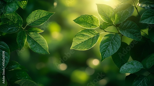 Sun-Kissed Leaves: A symphony of vibrant green leaves, glistening with morning dew, bathe in the warm glow of the rising sun, capturing the essence of nature's tranquility. 