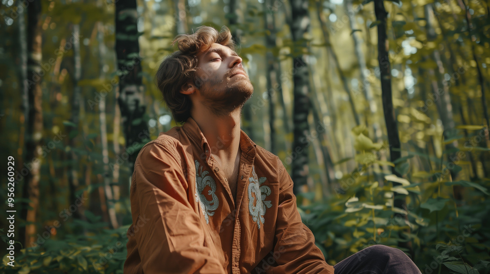 Serene Man Meditating in Tranquil Forest Setting During Golden Hour, Embracing Nature's Calm. Serene Man Meditating in Tranquil Forest Setting During Golden Hour, Embracing Nature's Calm.