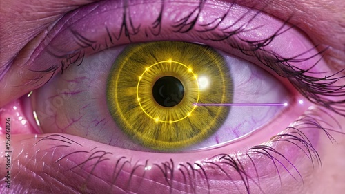 Close-up of an eye undergoing laser surgery with a purple beam and glowing ring. photo