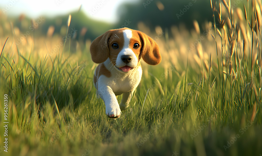 A Beagle puppy runs through tall grass with a happy expression on its face. A Beagle puppy runs through tall grass with a happy expression on its face.