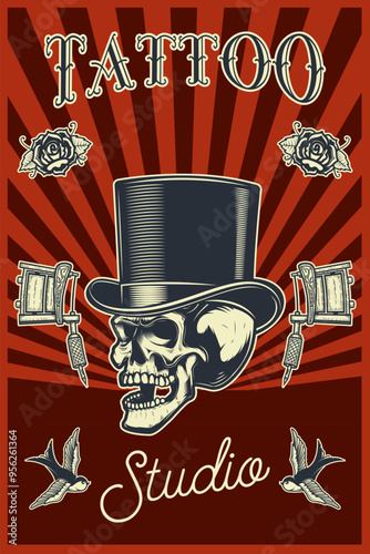 Tattoo studio emblem template. Crossed tattoo machine, skull, roses. Design element for logo, label, sign, poster, t shirt. Vector illustration