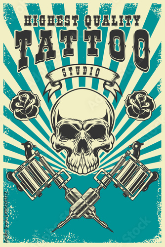 Tattoo studio emblem template. Crossed tattoo machine, skull, roses. Design element for logo, label, sign, poster, t shirt. Vector illustration