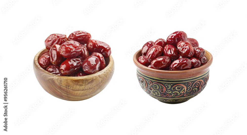 Dried red dates served in decorative and wooden bowls on transparent background Dried red dates served in decorative and wooden bowls on transparent background
