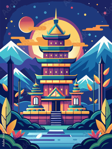 A Traditional Pagoda Stands Tall Amidst Majestic Mountains and a Serene Moonlit Night