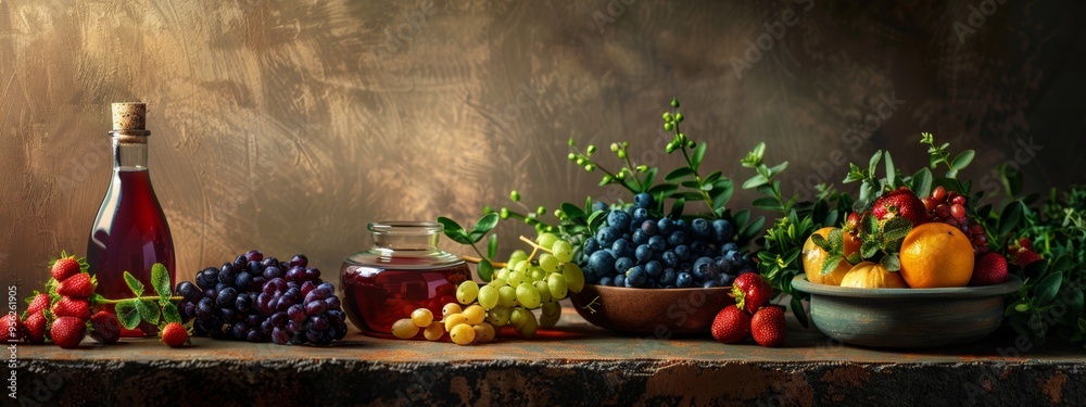 Rustic still life with a variety of fruits and glass jars Rustic still life with a variety of fruits and glass jars