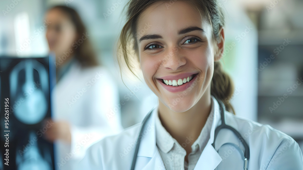 Fototapeta premium Smiling doctor examining medical data, conveying confidence and professionalism in healthcare. Good for healthcare marketing and patient trust campaigns. Portrait of a cheerful medical professional