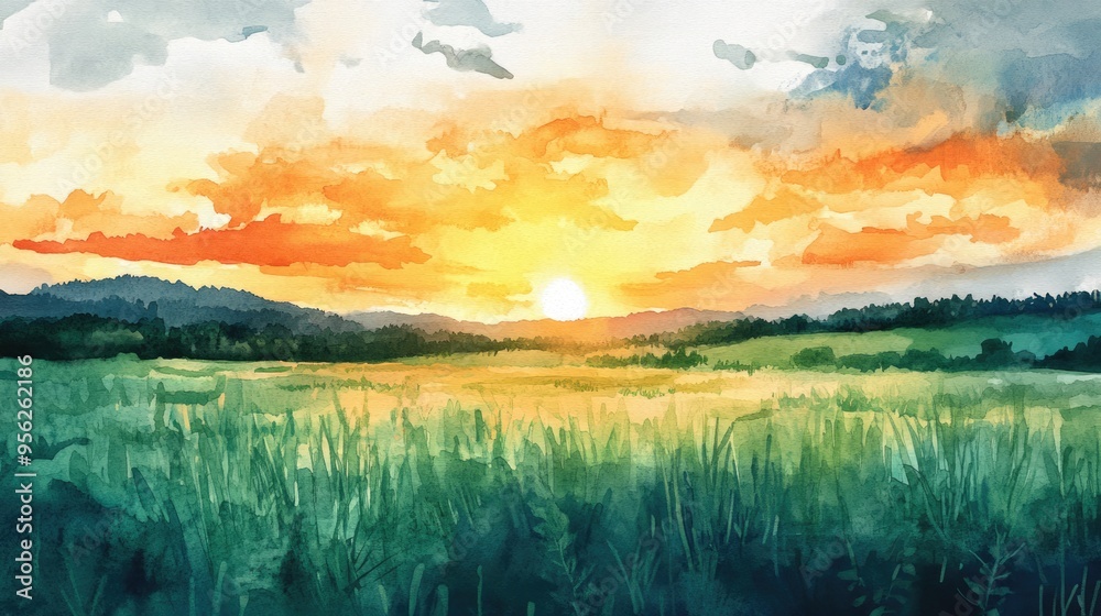 Watercolor Sunset Over a Field Watercolor Sunset Over a Field