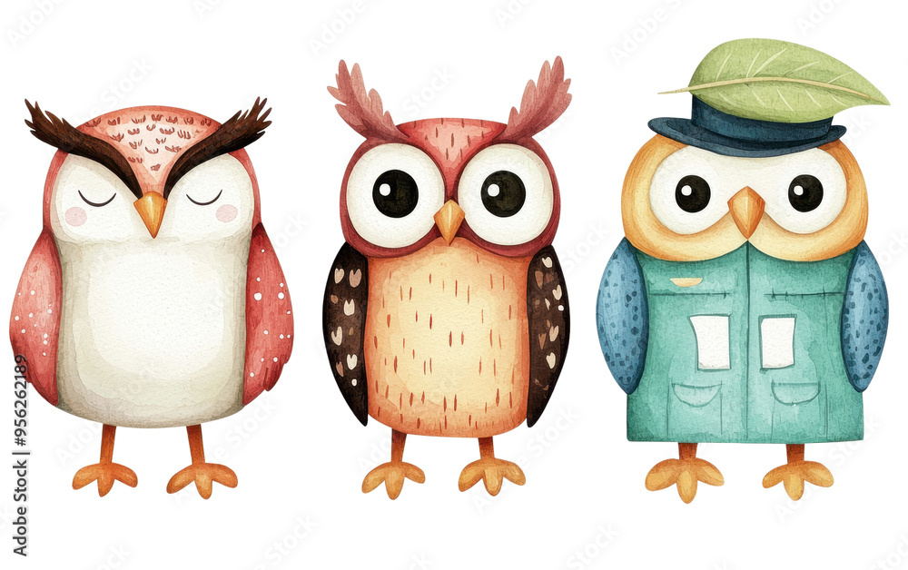 Fototapeta premium Colorful cartoon owls with big eyes, wearing unique outfits. Adorable, whimsical and playful design perfect for children or creative projects.