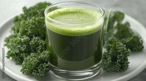 A vibrant green kale juice in a sleek glass on a white plate, surrounded by fresh kale leaves.