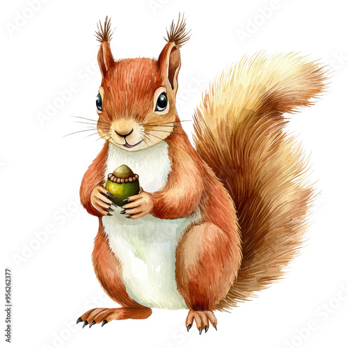 Cute animated red squirrel holding an acorn with a fluffy tail, illustrated in a charming and whimsical style.