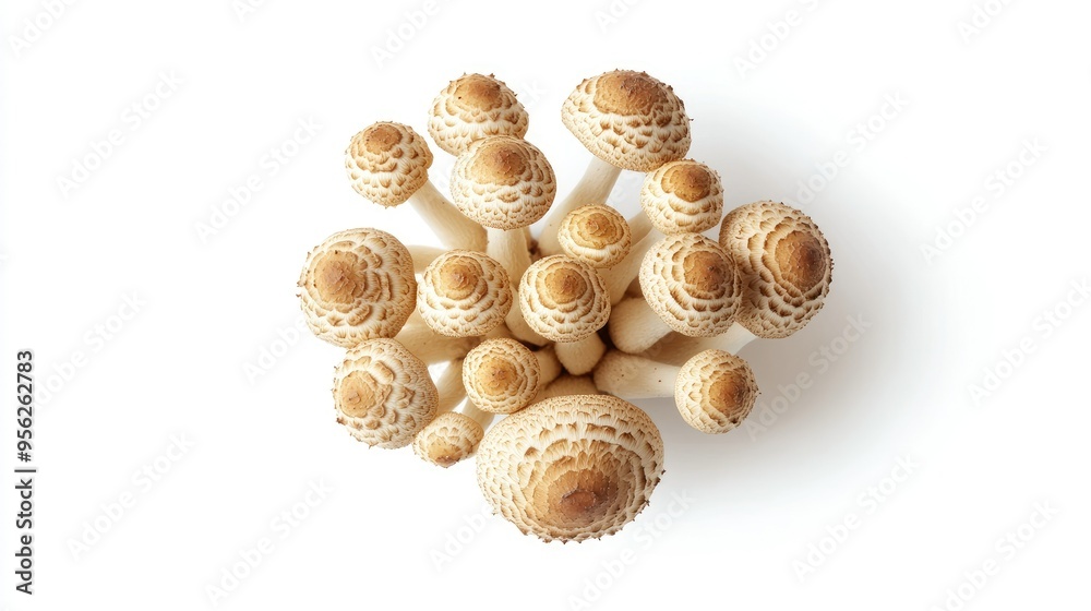 Cluster of brown beech mushrooms (Shimeji) isolated on a clean white background, top view. Cluster of brown beech mushrooms (Shimeji) isolated on a clean white background, top view.