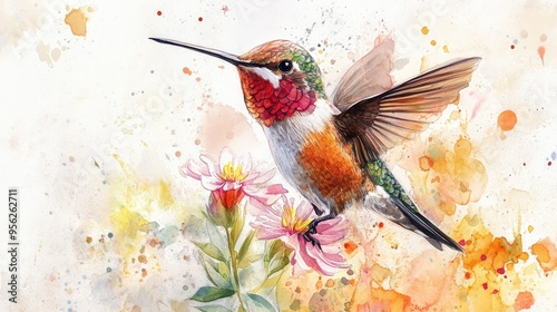 Hummingbird in Flight with Watercolor Splashes photo