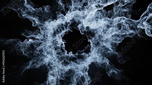 Concentric smoke explosion radiating from a central void, creating a dynamic visual effect on black. photo