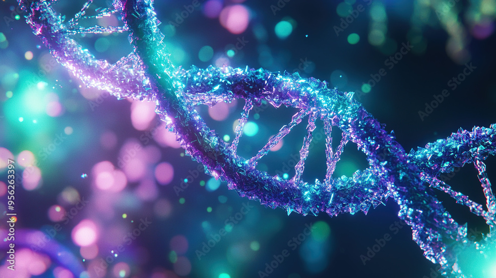 3D rendering, double helix DNA molecule structure, glowing blue and green and purple chains, placed on a dark scientific background 3D rendering, double helix DNA molecule structure, glowing blue and green and purple chains, placed on a dark scientific background