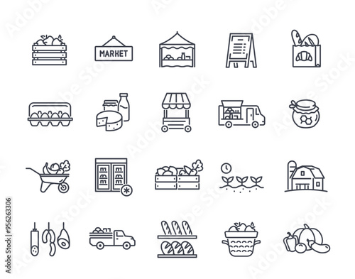 Farmers Market line Icons set. Simple symbols with vegetable counters, shelves and baskets of products. Editable stroke. Outline vector illustration collection isolated on white background