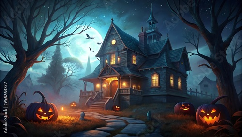 A spooky Halloween night scene featuring a haunted house with eerie lights in the windows and glowing jack-o' lantern decorations photo