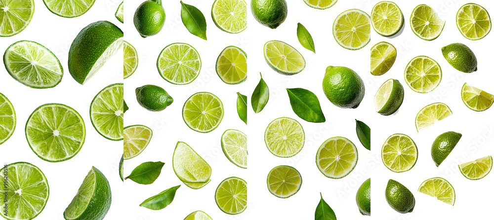The image shows a falling lime slice on a white background with a full depth of field The image shows a falling lime slice on a white background with a full depth of field